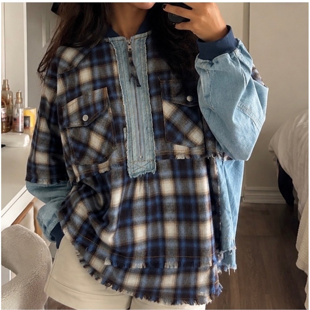 Oli & Hali Oversized Plaid Denim Patchwork Half Zip Pullover Shirt Grunge Med